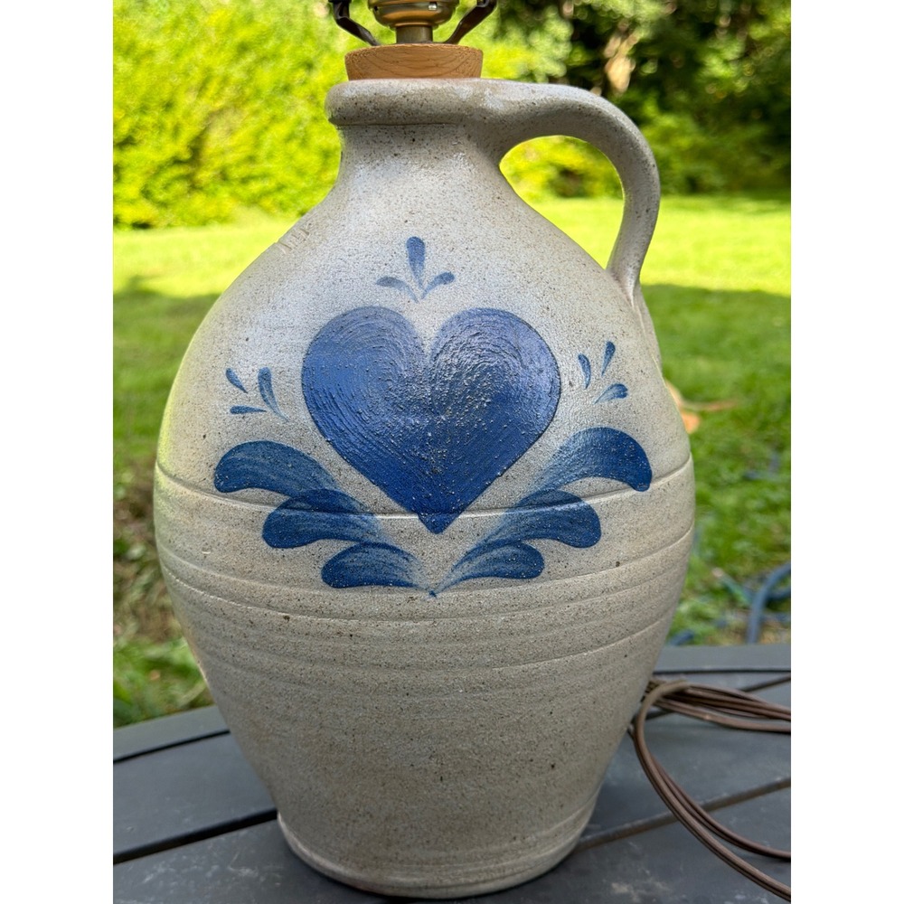 Rowe Pottery Works 1984 Salt Glaze Stoneware Jug Lamp Blue Heart Grey 22.5in